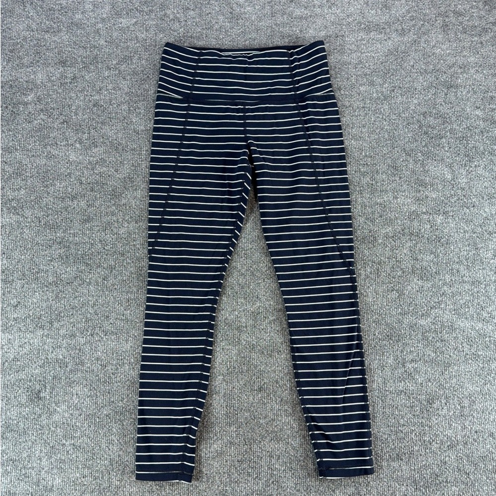 Athleta Womens Navy Blue White Striped High Rise Leggings Size Small